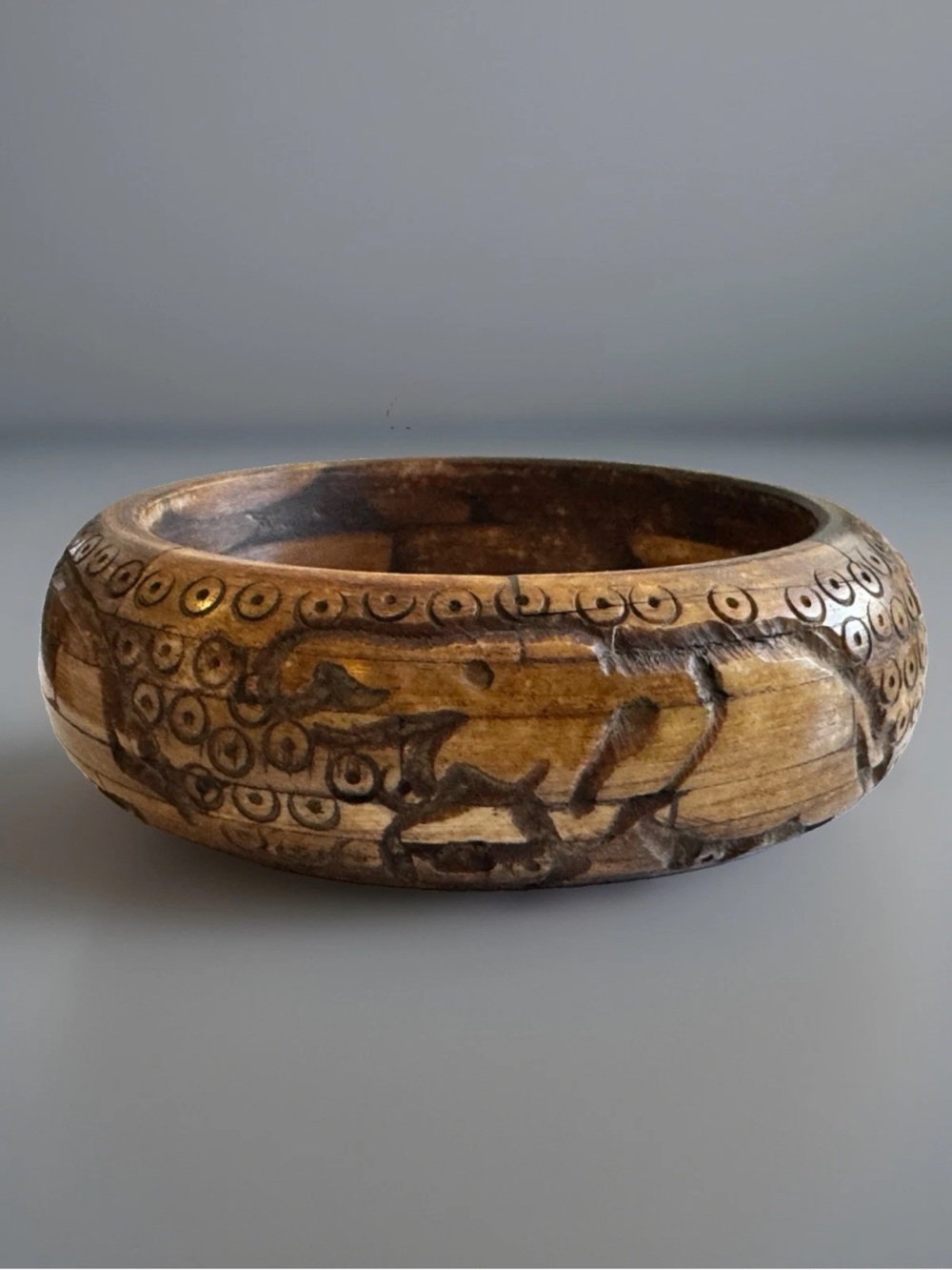 Vintage & Carved Ethnic Indo-Tibet Artisan Bone Cuff Bangle 2.7”in Wide,97grams